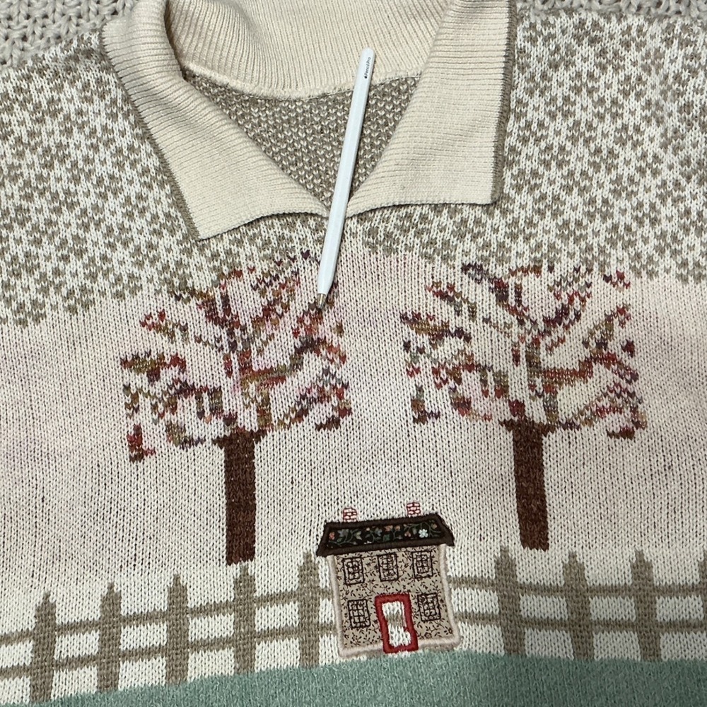 Vintage 90s Cottagecore Short Sleeve Polo Knit Sweater Cream Tan - Size Medium - Picture 6 of 7